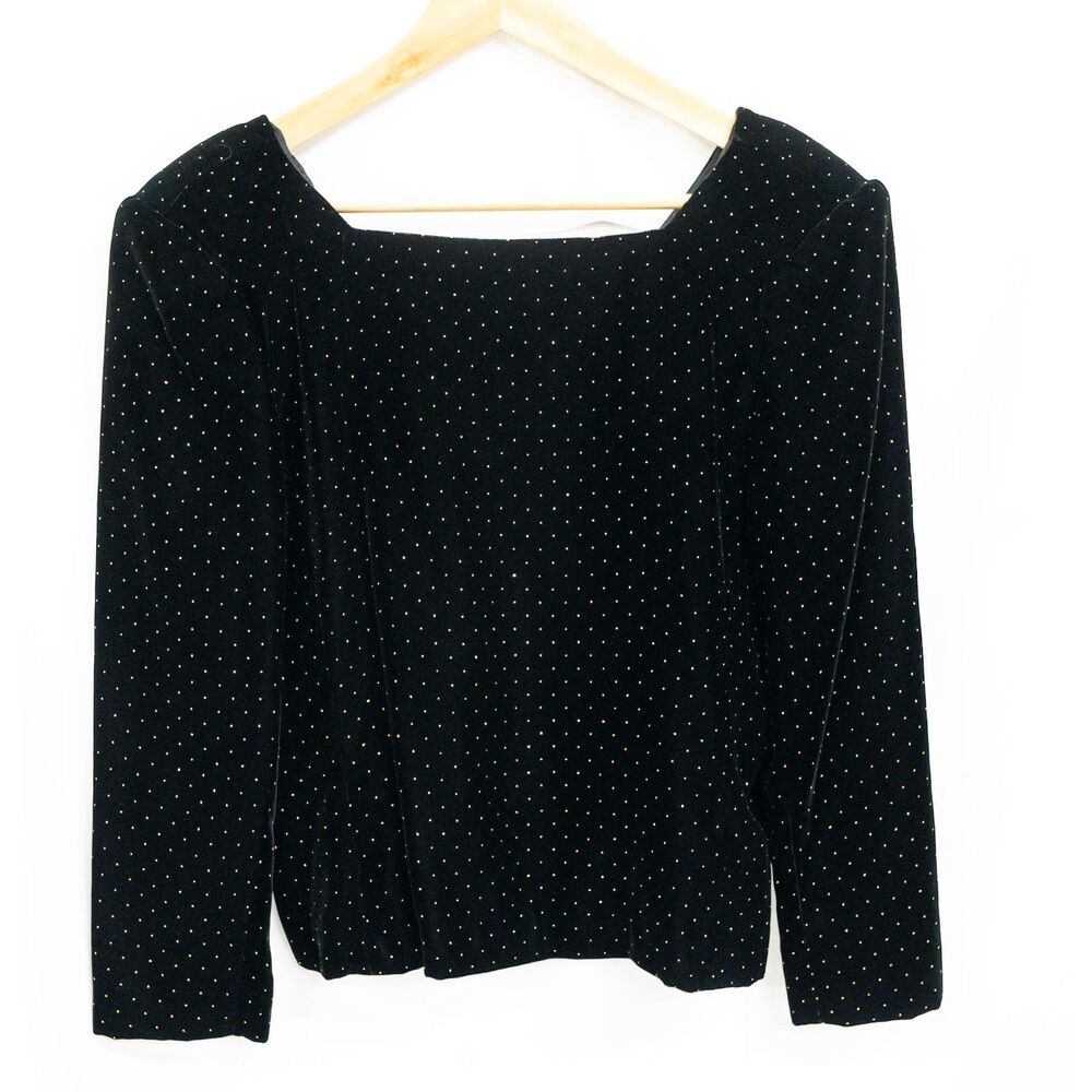Vintage Albert Nipon Black Velvet Gold Polka Dot Button Back Shoulderpad Top 12